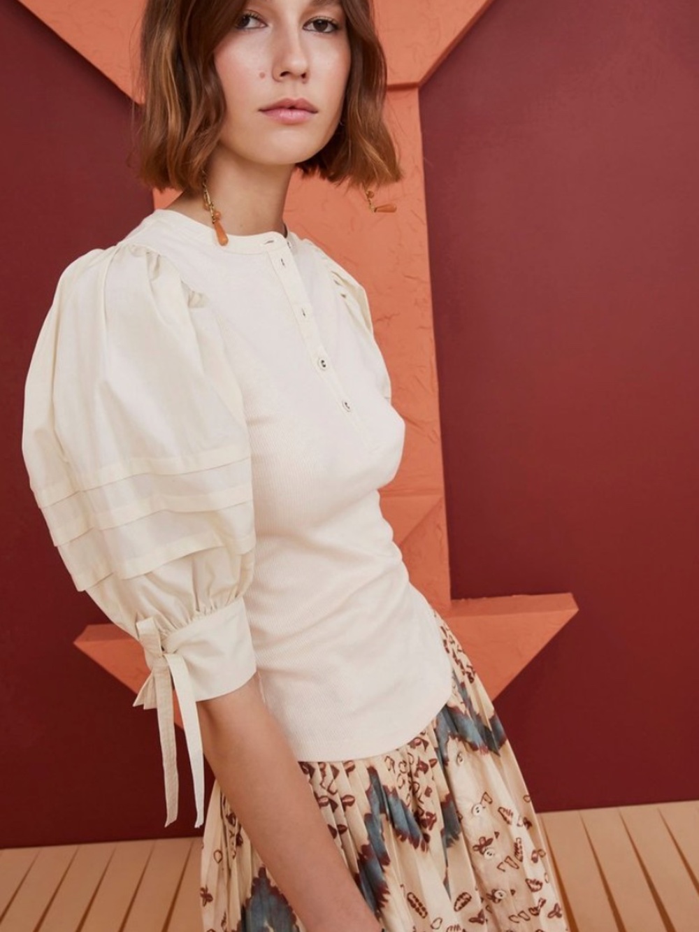 ULLA JOHNSON Iman Top Size P Cream Cotton Poplin Rib Knit Short Puff Sleeves XS
